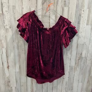 New UMGEE Off Shoulder Velour Velvet Layered Sleeves Pink Burgundy Top Large